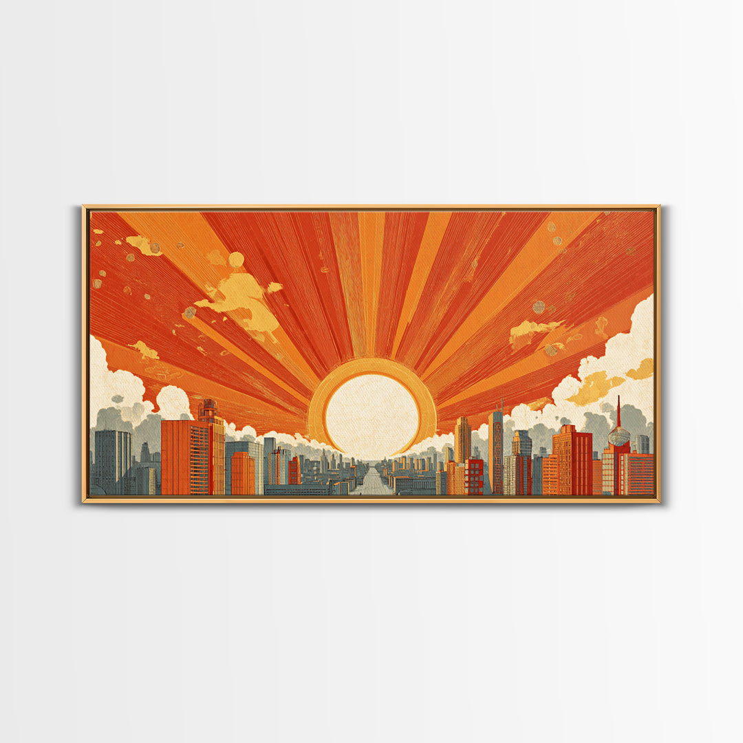 Giant Orange Sun Over City Wall Art, Midcentury Modern Skyline Print, Retro Urban Poster, Warm Home Office Decor Canvas Print