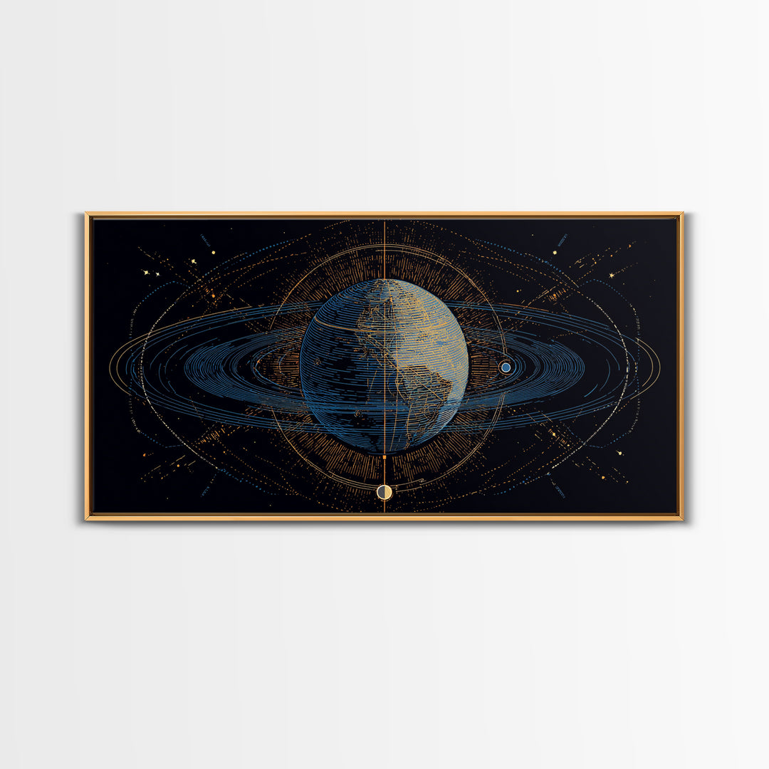 Celestial Planet Orbit Framed Canvas Print, Midcentury Modern Wall Art, Space Abstract Poster, Cosmic Retro Home Office Decor
