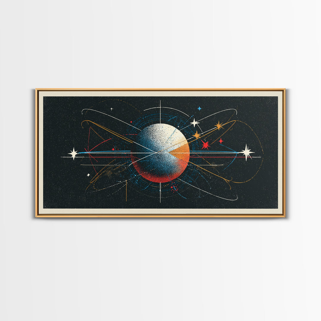 Atomic Orbit Sphere Wall Art, Mid Century Modern Abstract Space Poster, Geometric Planet Lines, Retro MCM Living Room Decor