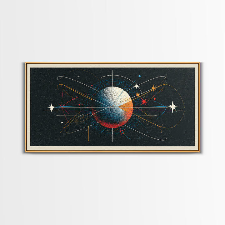 Atomic Orbit Sphere Wall Art, Mid Century Modern Abstract Space Poster, Geometric Planet Lines, Retro MCM Living Room Decor