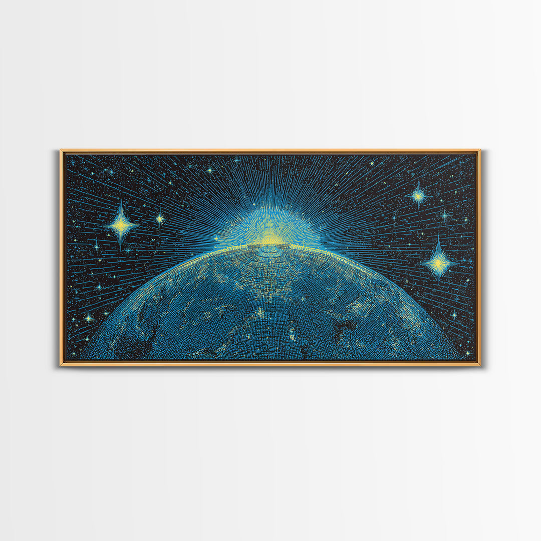 Blue Planet Horizon Canvas Print, Starburst Space Wall Art, Mid Century Modern Abstract Decor, Cosmic Sunrise Statement Poster