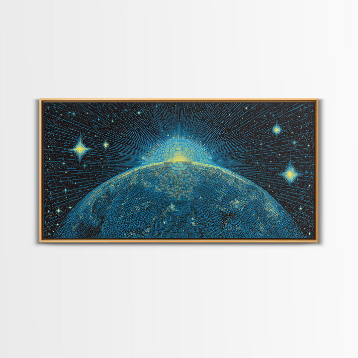 Blue Planet Horizon Canvas Print, Starburst Space Wall Art, Mid Century Modern Abstract Decor, Cosmic Sunrise Statement Poster