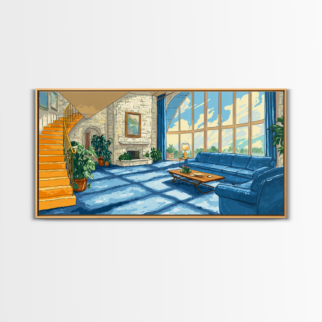 Sunlit Blue Sofa Loft Framed Canvas Print, Modern Wall Art, Airy Living Room Decor, Architectural Interior Poster, Home Office