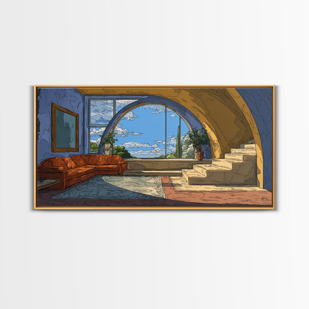 Arched Sea View Living Room Canvas Print, Mediterranean Modern Wall Art, Orange Sofa Coastal Decor, Scenic Interior Poster