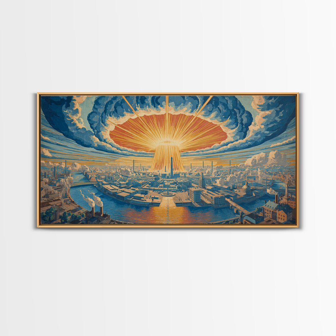 Radiant Futuristic City Sunrise Wall Art, Retro Sci Fi Skyline, Mid Century Modern Decor, Blue Orange Large Canvas Print