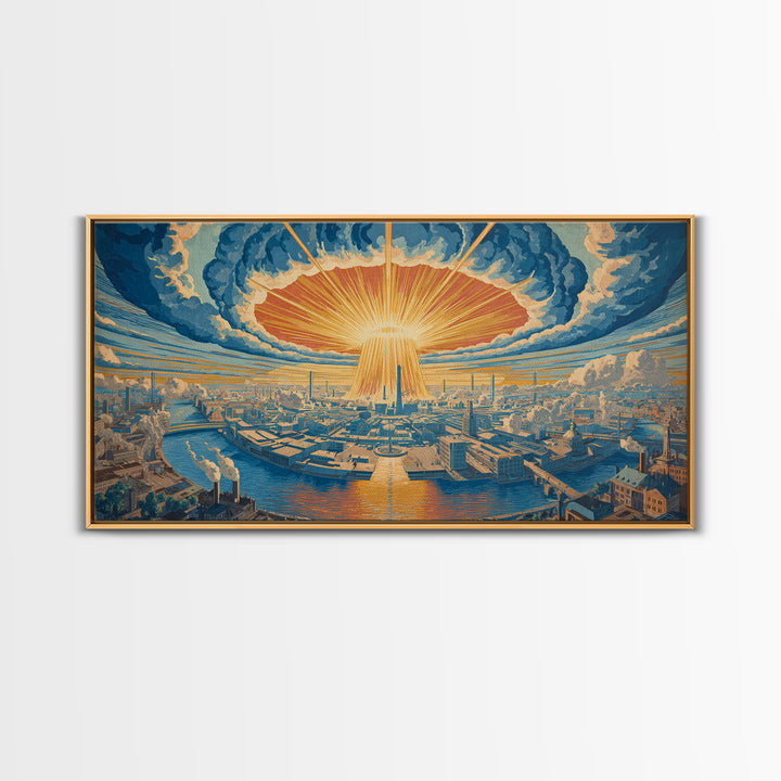 Radiant Futuristic City Sunrise Wall Art, Retro Sci Fi Skyline, Mid Century Modern Decor, Blue Orange Large Canvas Print