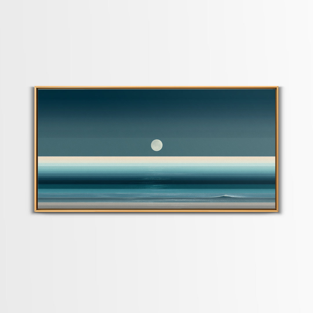 Minimal Moon Over Teal Ocean Canvas Print, Coastal Night Seascape, Modern Wall Art, Blue Horizontal Landscape Decor, Bedroom Art Prints