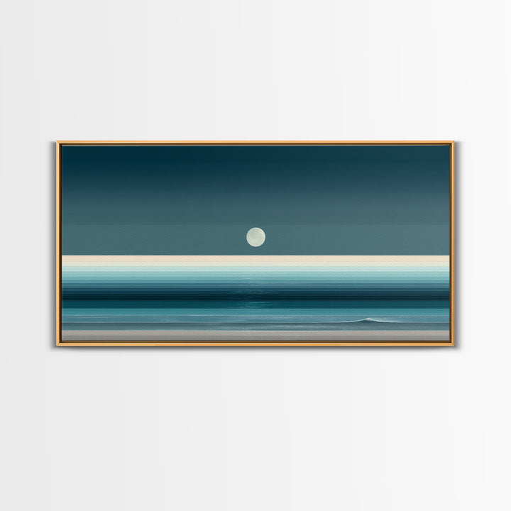 Minimal Moon Over Teal Ocean Canvas Print, Coastal Night Seascape, Modern Wall Art, Blue Horizontal Landscape Decor, Bedroom Art Prints