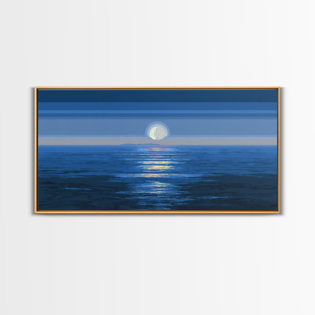 Blue Full Moon Ocean Framed Canvas Print, Coastal Seascape Wall Art, Modern Home Decor, Peaceful Bedroom Art Prints, Large Wall Decor