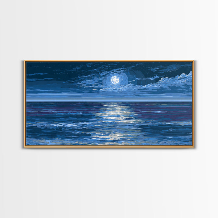 Starry Moonlit Ocean Framed Canvas Print, Dramatic Blue Seascape Wall Art, Coastal Night Decor, Modern Bedroom Art Prints