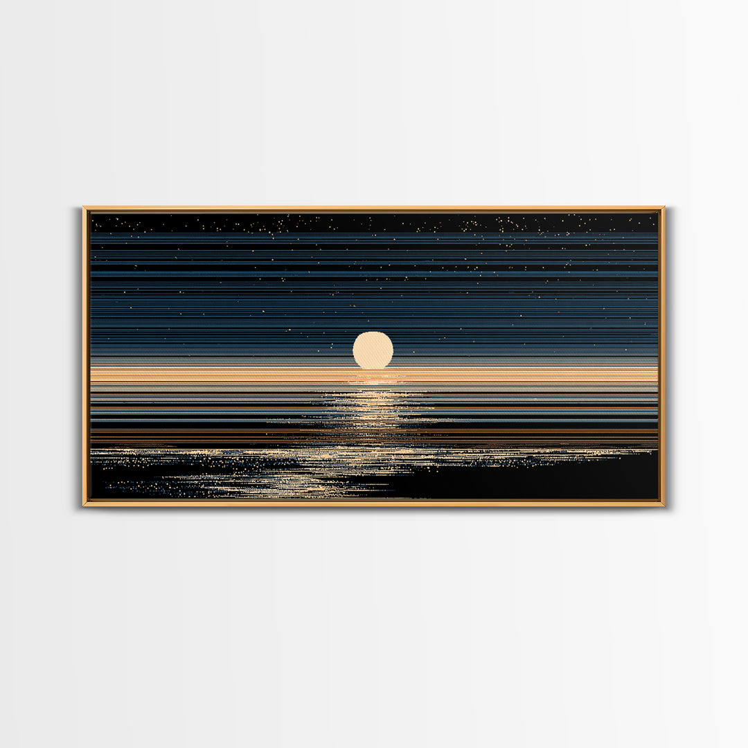 Golden Moon Horizon Ocean Canvas Print, Starry Night Seascape Wall Art, Modern Coastal Decor, Blue Black Bedroom Art Prints