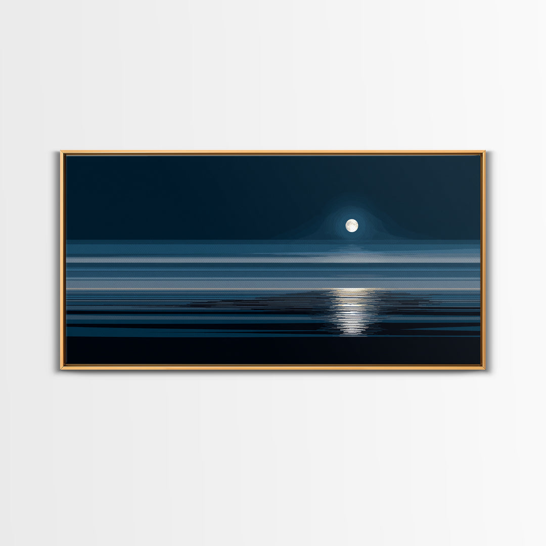 Quiet Moon Over Dark Ocean Canvas Print, Minimal Blue Seascape Wall Art, Modern Coastal Decor, Peaceful Bedroom Art Prints