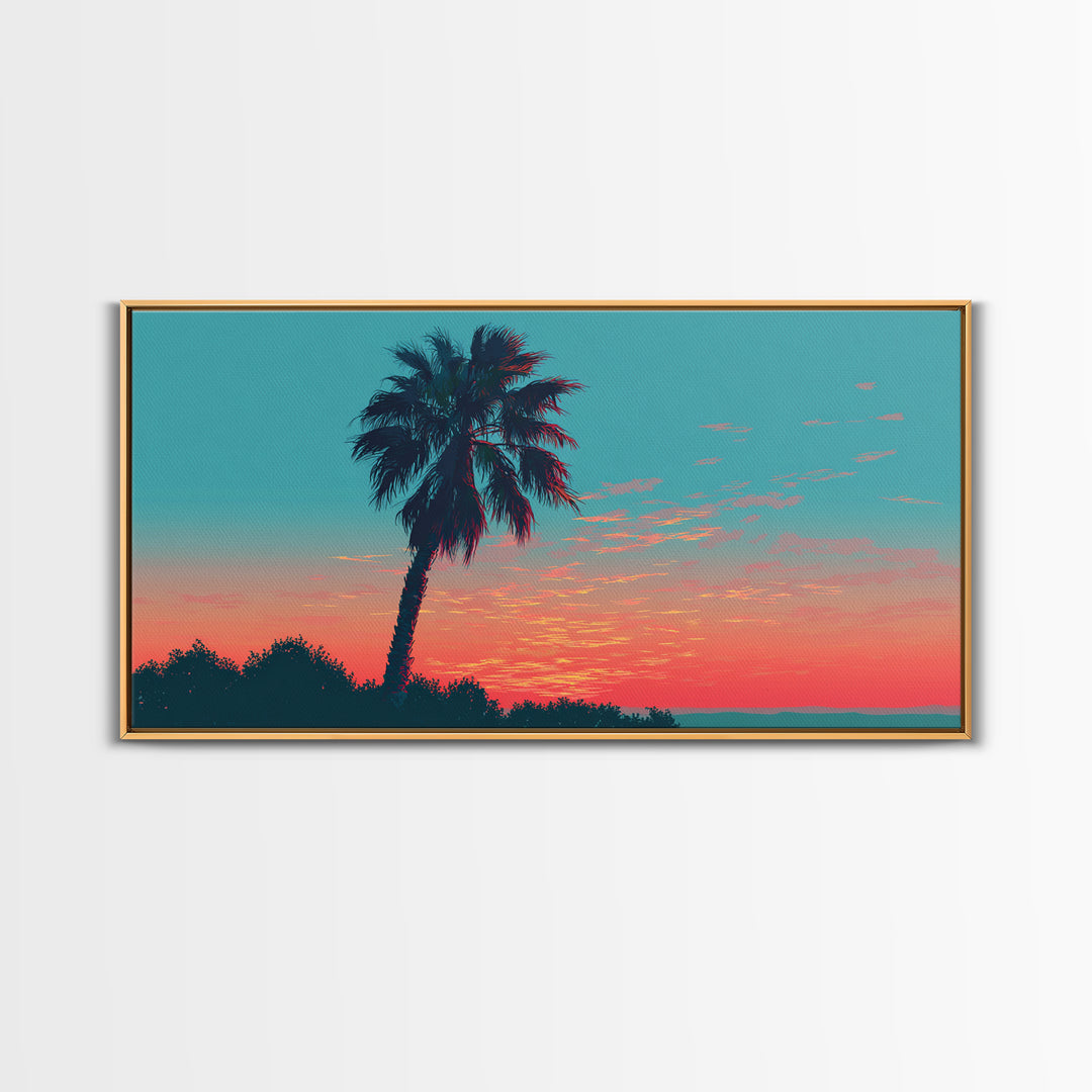 Leaning Palm Coral Sunset Canvas Print, Retro Tropical Landscape, Midcentury Wall Art, Palm Springs Decor, Coastal Poster Print