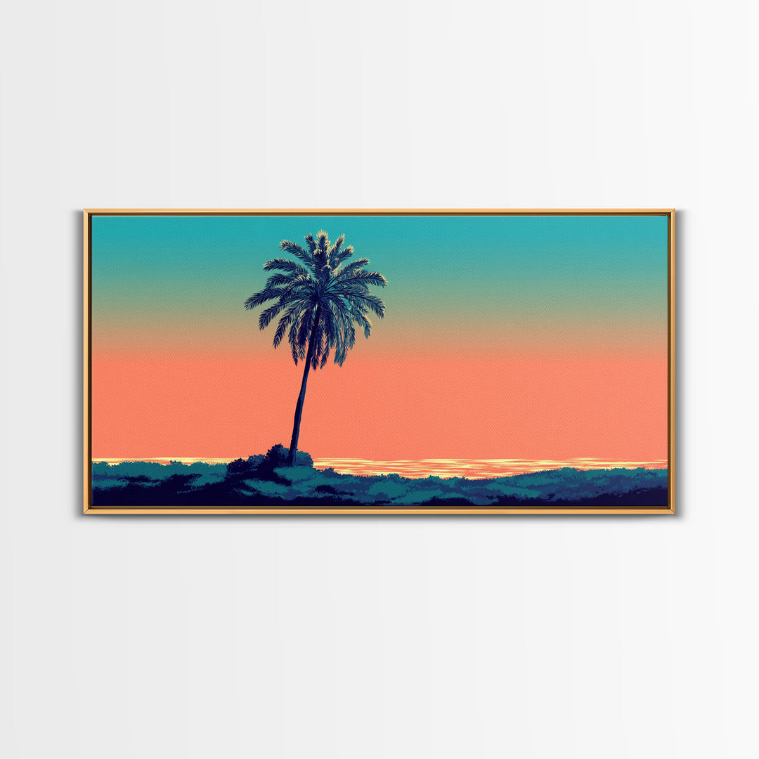 Solitary Palm Ocean Sunset Framed Canvas Print, Retro Tropical Wall Art, Midcentury Modern Decor, Coastal Home Poster Print