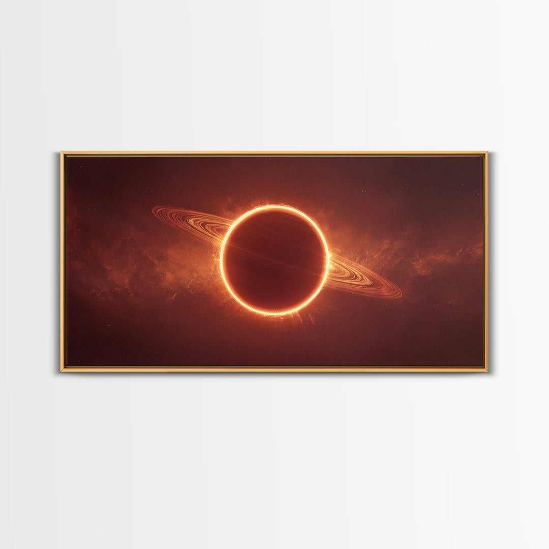 Ringed Planet Eclipse Framed Canvas Print, Cosmic Nebula Wall Art, Retro Sci Fi Poster, Orange Space Decor, Modern Art Print