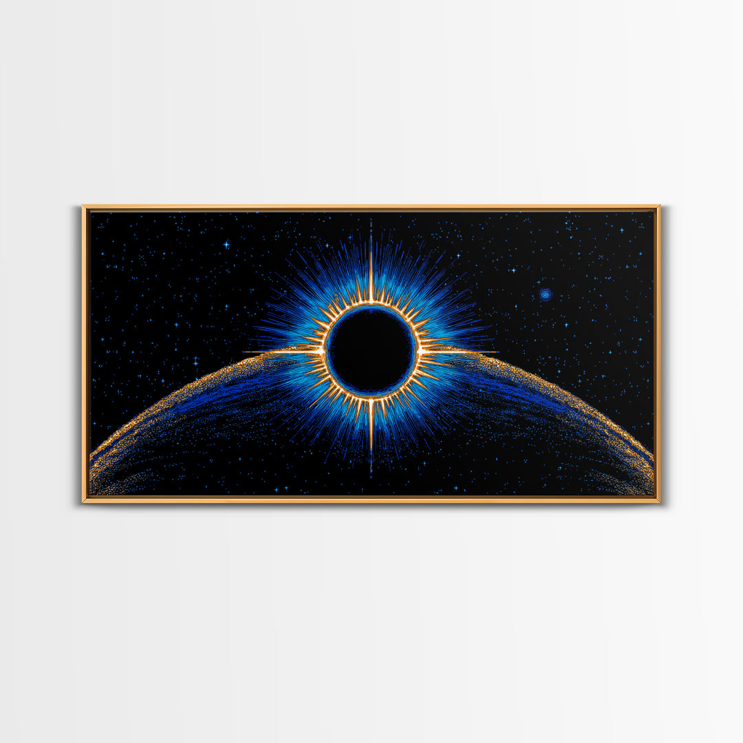 Blue Solar Eclipse Wall Art, Cosmic Retro Sci Fi Print, Black Hole Starfield Poster, Modern Digital Art, Space Decor Print