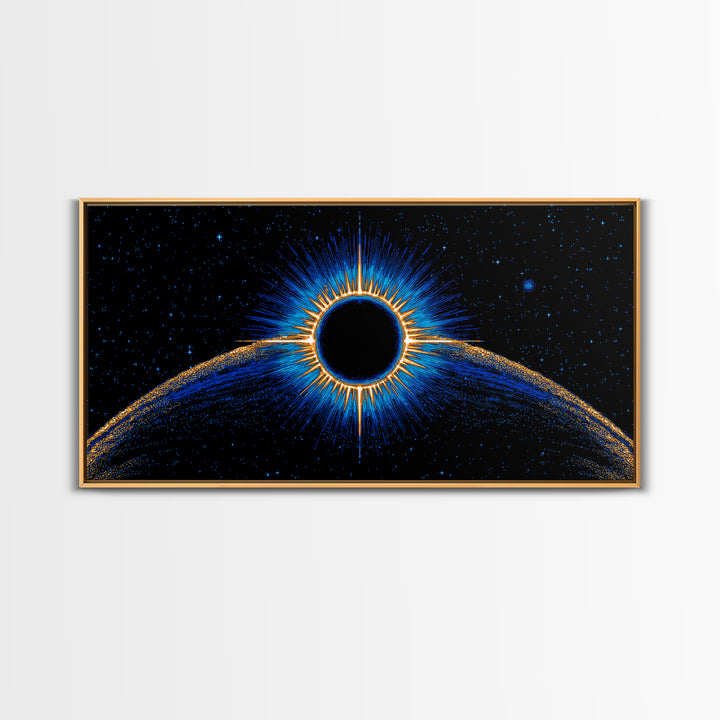Blue Solar Eclipse Wall Art, Cosmic Retro Sci Fi Print, Black Hole Starfield Poster, Modern Digital Art, Space Decor Print