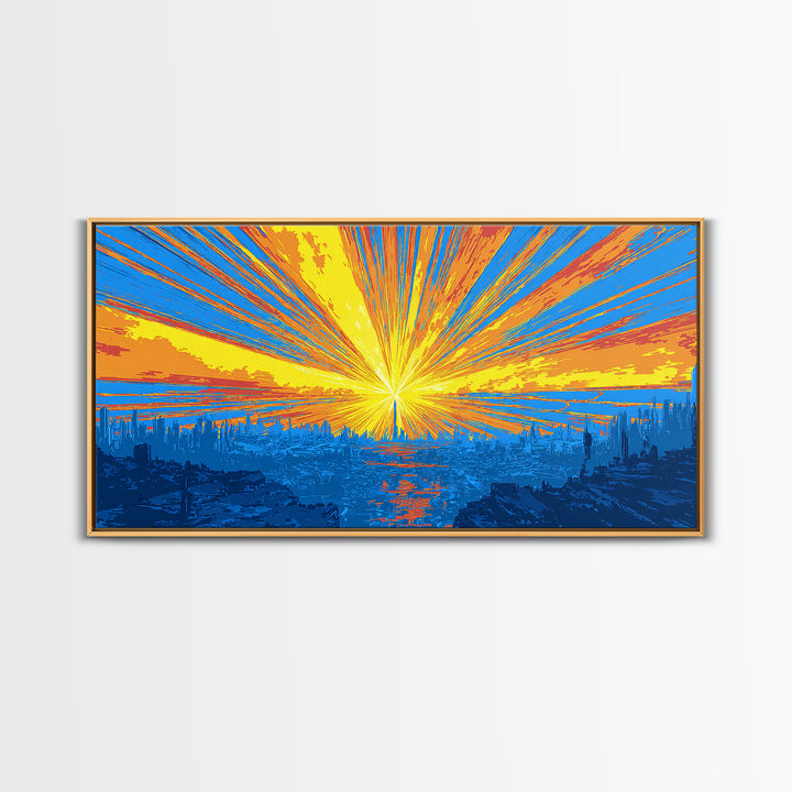 Explosive Solar Skyline Wall Art, Bright Retro Sci Fi Sunburst, Blue Orange Modern Art Print, Mid Century City Poster Decor