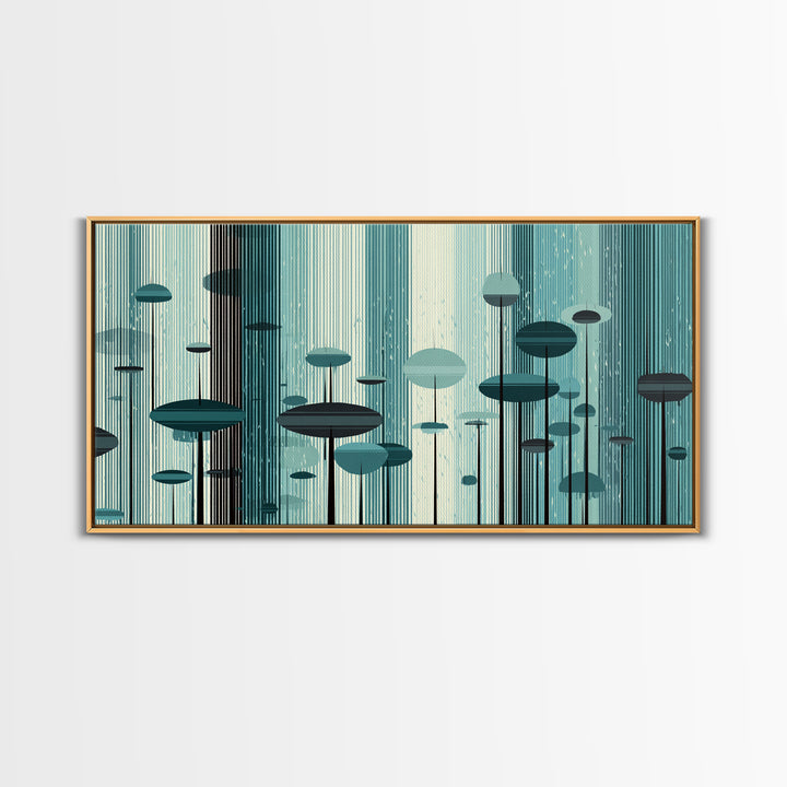 Teal Futuristic Mushroom City Wall Art, Retro Sci Fi Landscape Print, Modern Abstract Poster, Midcentury Space Decor Gift