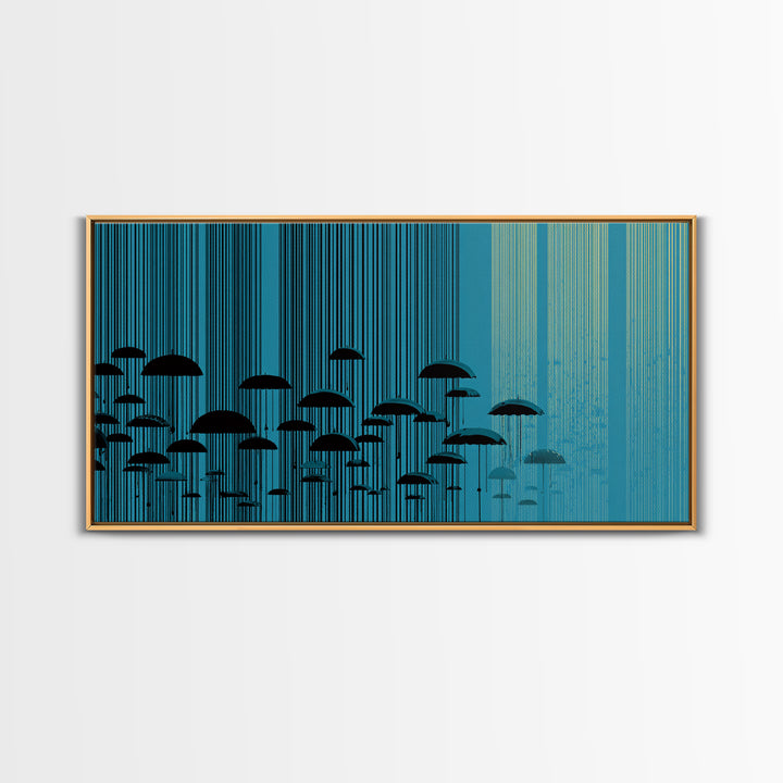 Teal Rain Umbrellas In Vertical Lines Wall Art, Midcentury Modern Abstract Print, Retro Wall Decor, Modern Home Decor For Living Room