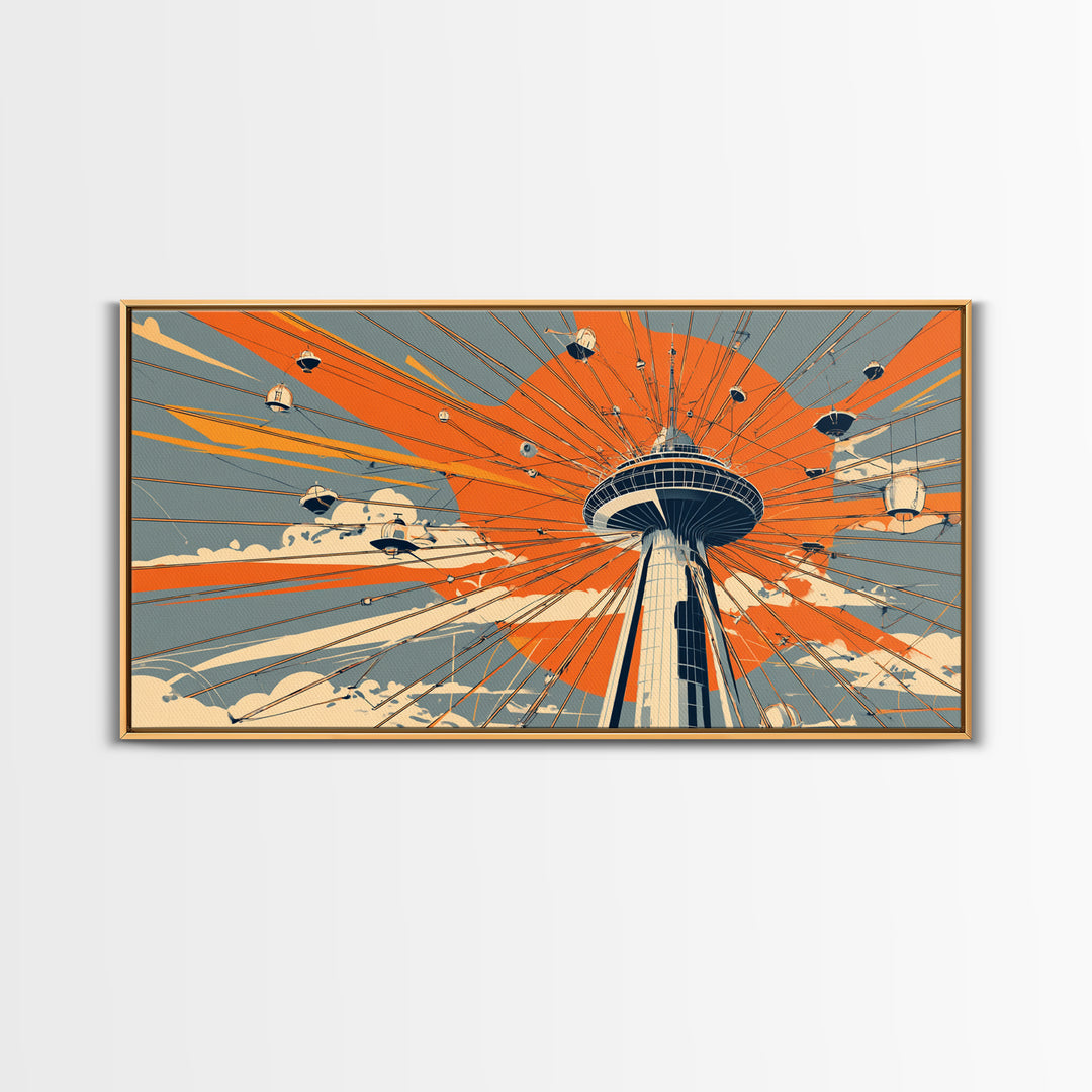 Retro Space Needle With Flying Saucers Canvas Print, Midcentury Modern Wall Art, Orange Sun Poster, Sci Fi Seattle Decor