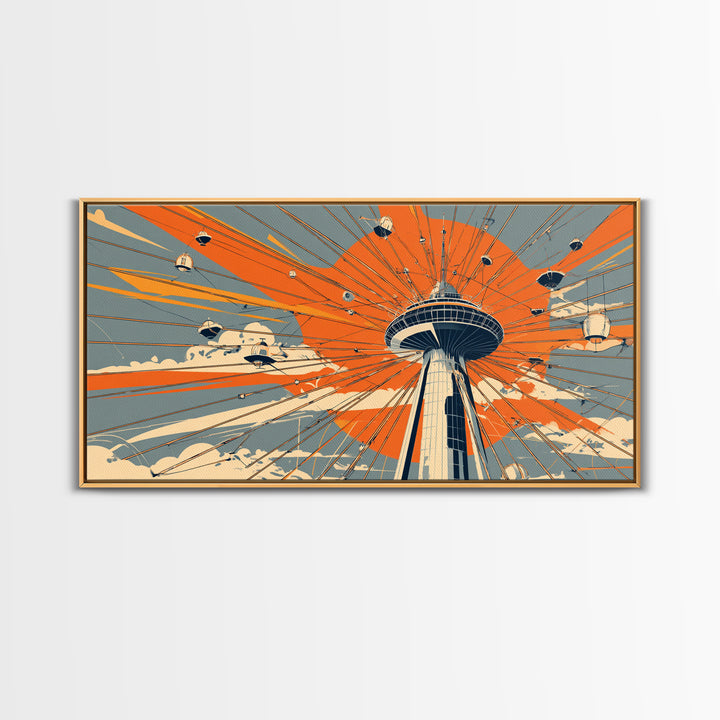Retro Space Needle With Flying Saucers Canvas Print, Midcentury Modern Wall Art, Orange Sun Poster, Sci Fi Seattle Decor