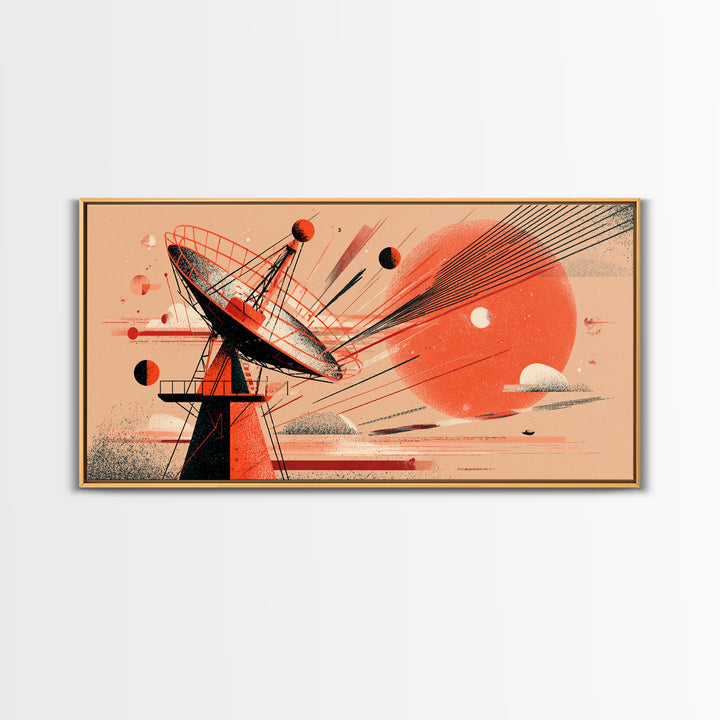 Red Satellite Dish And Orange Sun Wall Art, Midcentury Modern Space Abstract Print, Retro Sci Fi Poster, Modern Wall Decor
