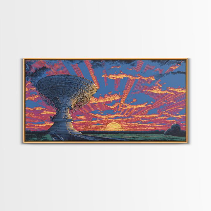 Radio Telescope At Neon Sunset Wall Art, Midcentury Modern Space Abstract Print, Retro Sci Fi Poster, Vibrant Office Decor