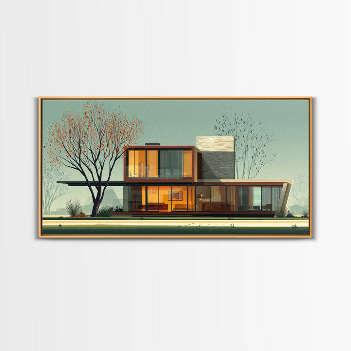 Glass Midcentury House With Autumn Tree Framed Canvas Print, MCM Wall Art, Modern Architecture Poster, Living Room Decor