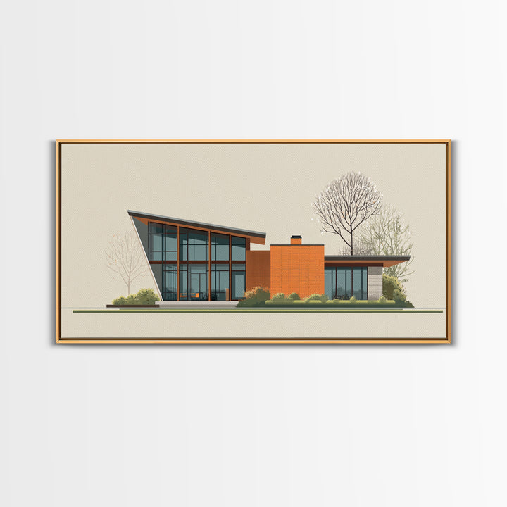 Angular Glass Midcentury Home Canvas Print, Modern Architecture Wall Art, MCM Decor, Retro House Poster For Living Room Decor