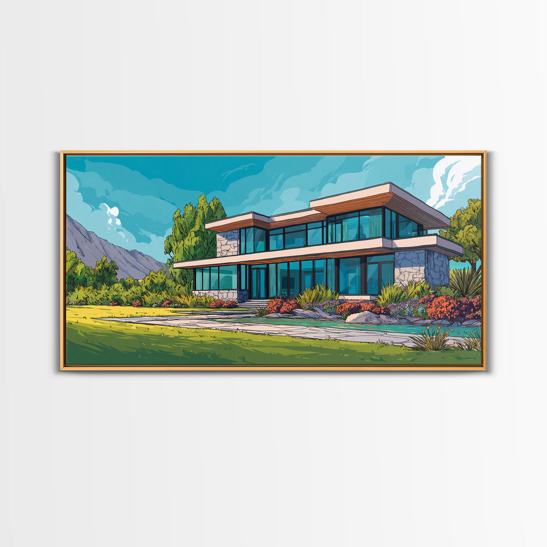 Mountain Modern Glass House Wall Art, Midcentury Modern Architecture Poster, Colorful Landscape Canvas Print, Living Room Decor