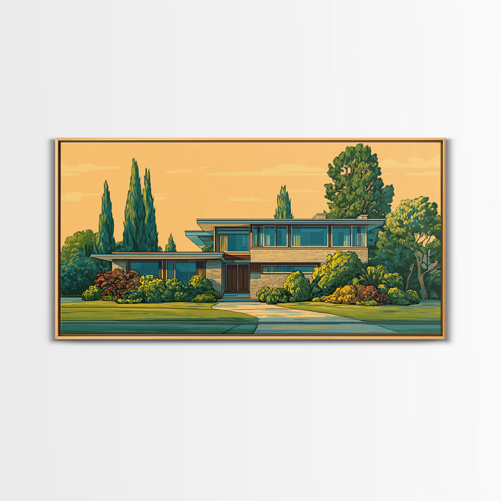 Cypress Garden Midcentury Home Framed Canvas Print, Modern Architecture Wall Art, Retro Palm Springs Decor, Living Room Art