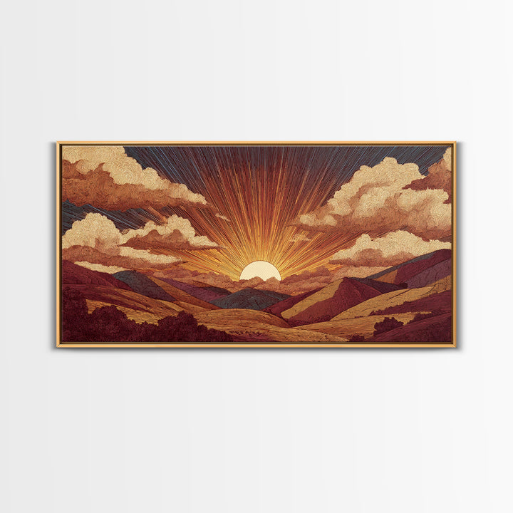 Textured Mountain Sunrise Valley Wall Art, Retro Landscape Poster, Midcentury Modern Art Print, Earth Tone Home Decor Gift