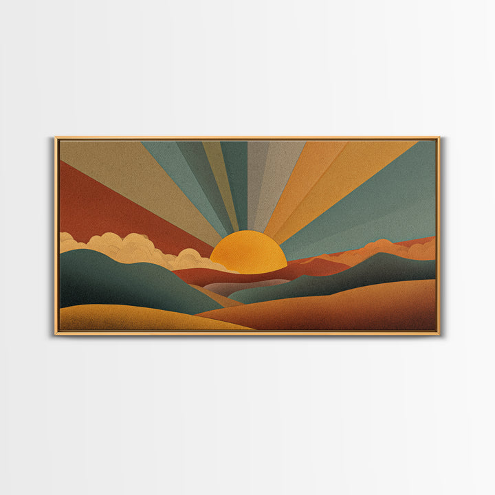 Geometric Retro Sunrise Over Rolling Hills Canvas Print, Midcentury Modern Wall Art, Boho Landscape Poster, Earth Tone Decor