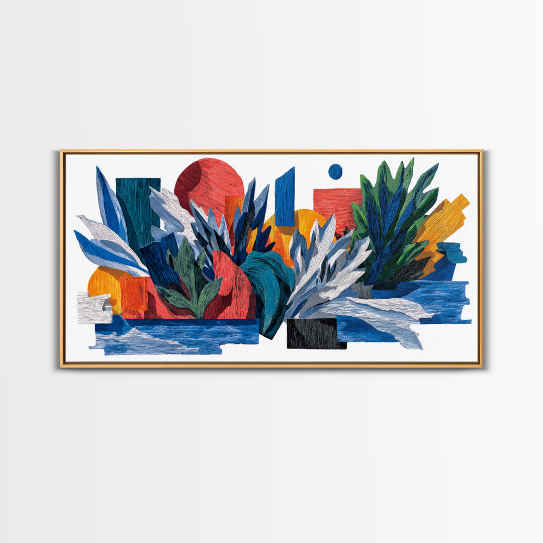 Textured Tropical Leaf Collage Framed Canvas Print, Blue Red Botanical Wall Art, Mid Century Modern Abstract Decor For Living Room