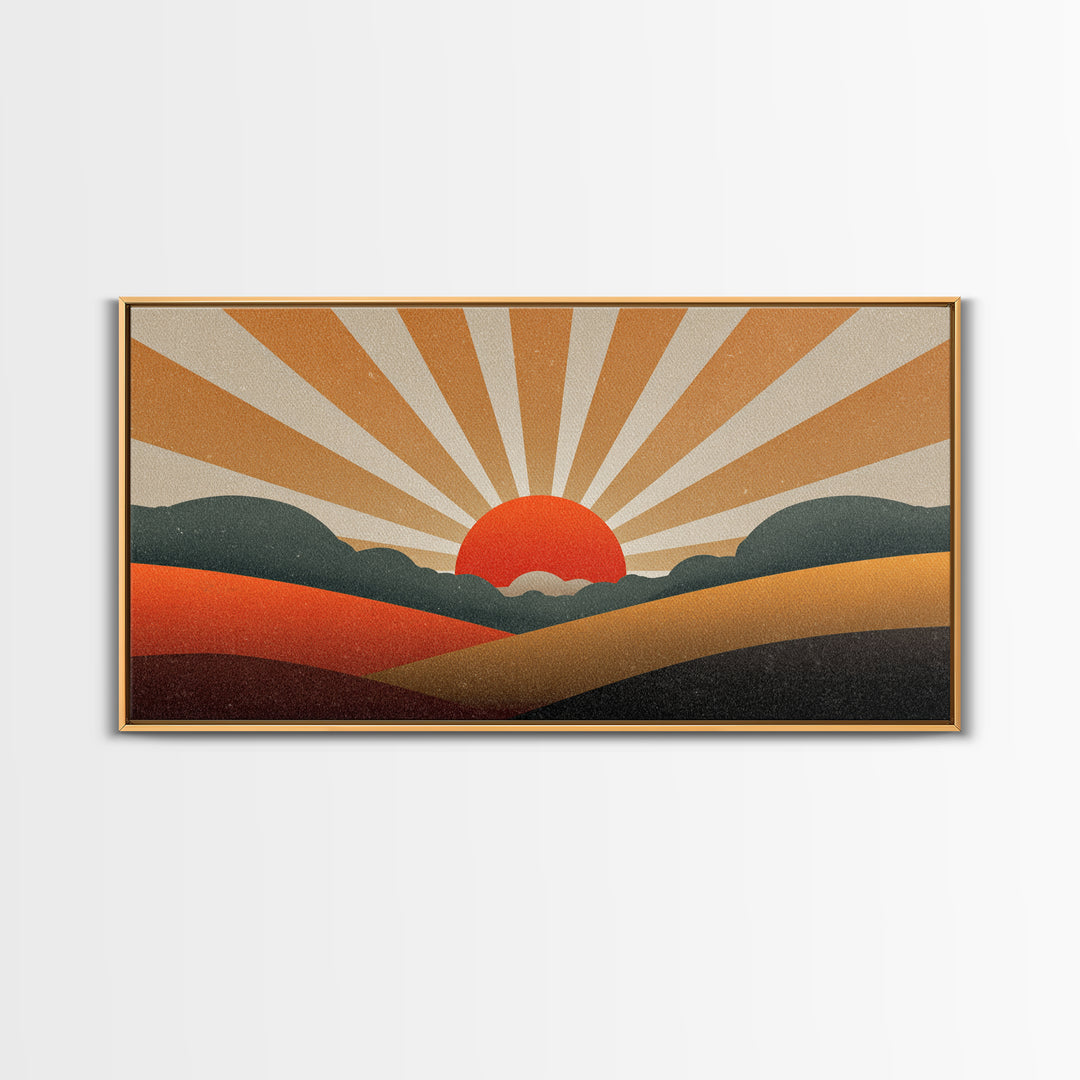 Orange Sunburst Desert Hills Wall Art, Mid Century Modern Canvas, Retro Landscape Poster, MCM Decor, Living Room Print, Home Decor