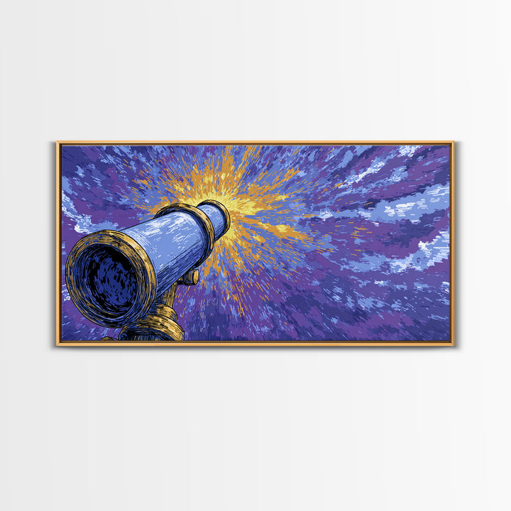 Blue Telescope Starburst Framed Canvas Print, Retro Sci Fi Wall Art, Space Astronomy Poster, Mid Century Modern Office Decor