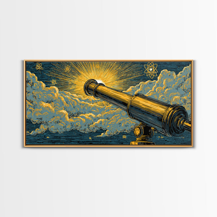Golden Telescope Atomic Clouds Wall Art, Mid Century Modern Space Decor, Retro Astronomy Poster, MCM Canvas Print For Office