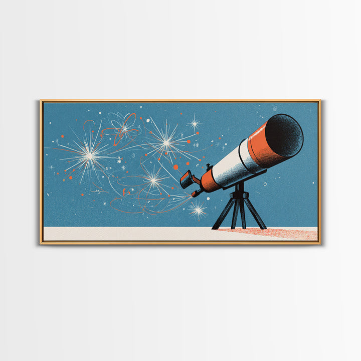 Atomic Telescope Blue Sky Canvas Print, Retro Space Wall Art, Mid Century Modern Astronomy Poster, MCM Nursery Office Decor