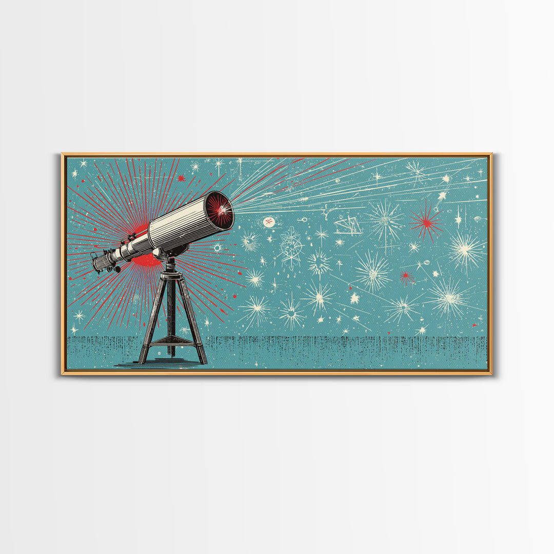 Teal Atomic Telescope Starburst Wall Art, Mid Century Modern Space Poster, Retro Sci Fi Canvas Print, Office Decor Gift Idea