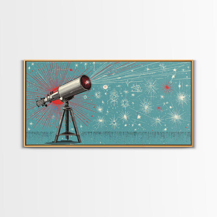 Teal Atomic Telescope Starburst Wall Art, Mid Century Modern Space Poster, Retro Sci Fi Canvas Print, Office Decor Gift Idea