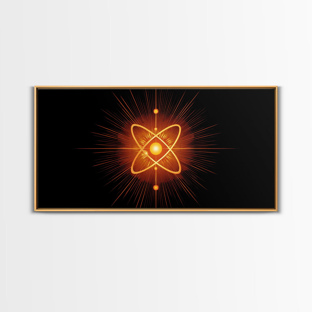 Glowing Orange Atom Wall Art, Black Space Abstract Poster, Mid Century Modern Science Decor, Atomic MCM Canvas Print Gift