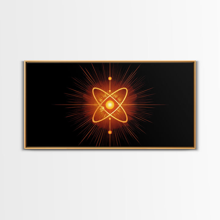 Glowing Orange Atom Wall Art, Black Space Abstract Poster, Mid Century Modern Science Decor, Atomic MCM Canvas Print Gift