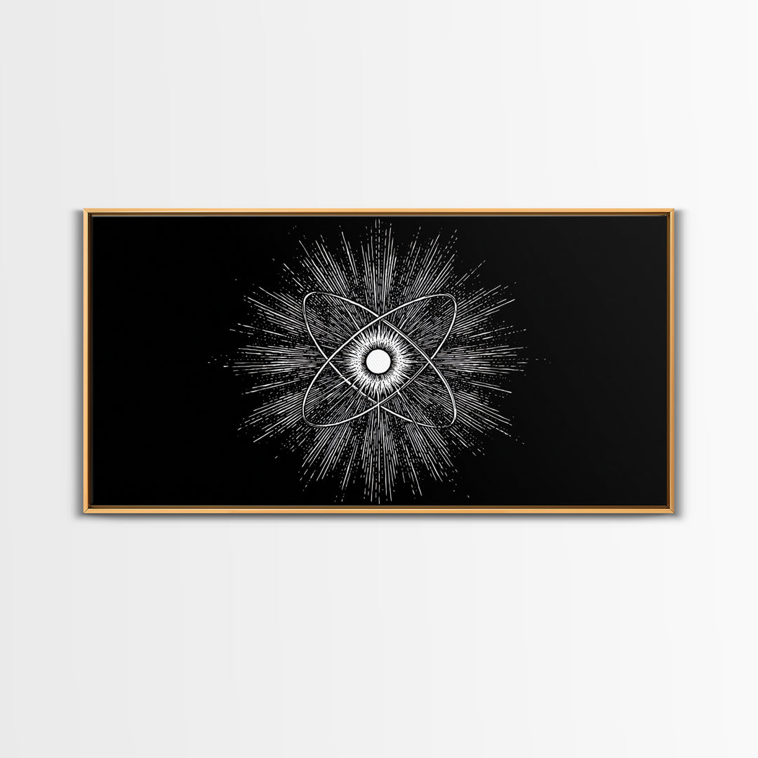 Black And White Atomic Burst Wall Art, Modern Abstract Science Poster, Mid Century Modern Decor, Monochrome Canvas Print