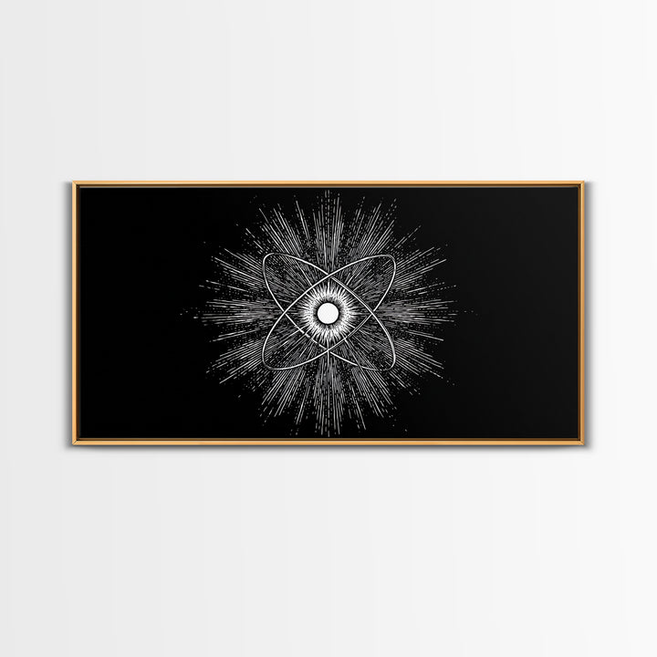 Black And White Atomic Burst Wall Art, Modern Abstract Science Poster, Mid Century Modern Decor, Monochrome Canvas Print