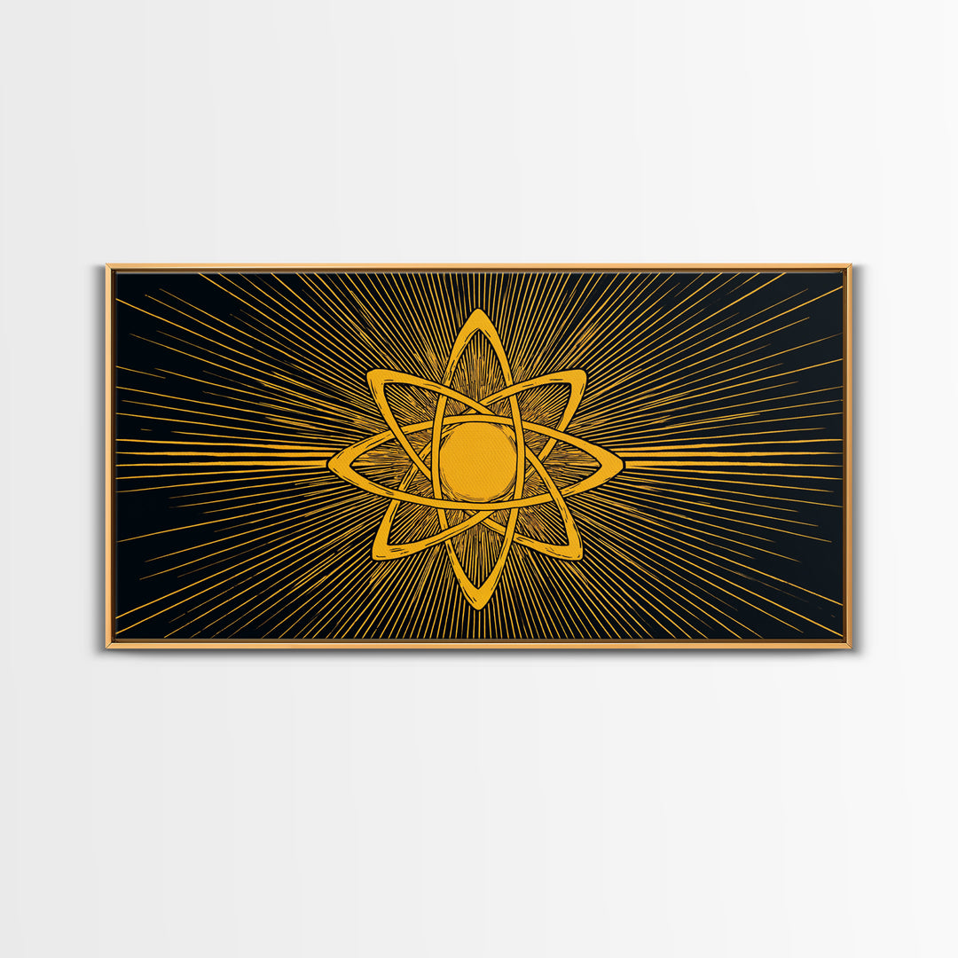 Gold Atomic Rays Canvas Print, Black Mid Century Modern Science Poster, Retro Space Wall Art, Bold Geometric MCM Decor Gift