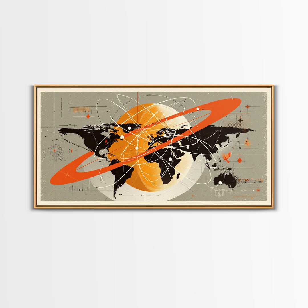 Retro Atomic World Map Wall Art, Mid Century Modern Travel Poster, Orange Black Science Decor, Geometric Canvas Print Gift