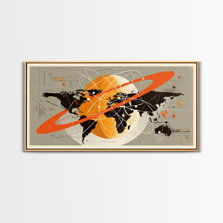 Retro Atomic World Map Wall Art, Mid Century Modern Travel Poster, Orange Black Science Decor, Geometric Canvas Print Gift