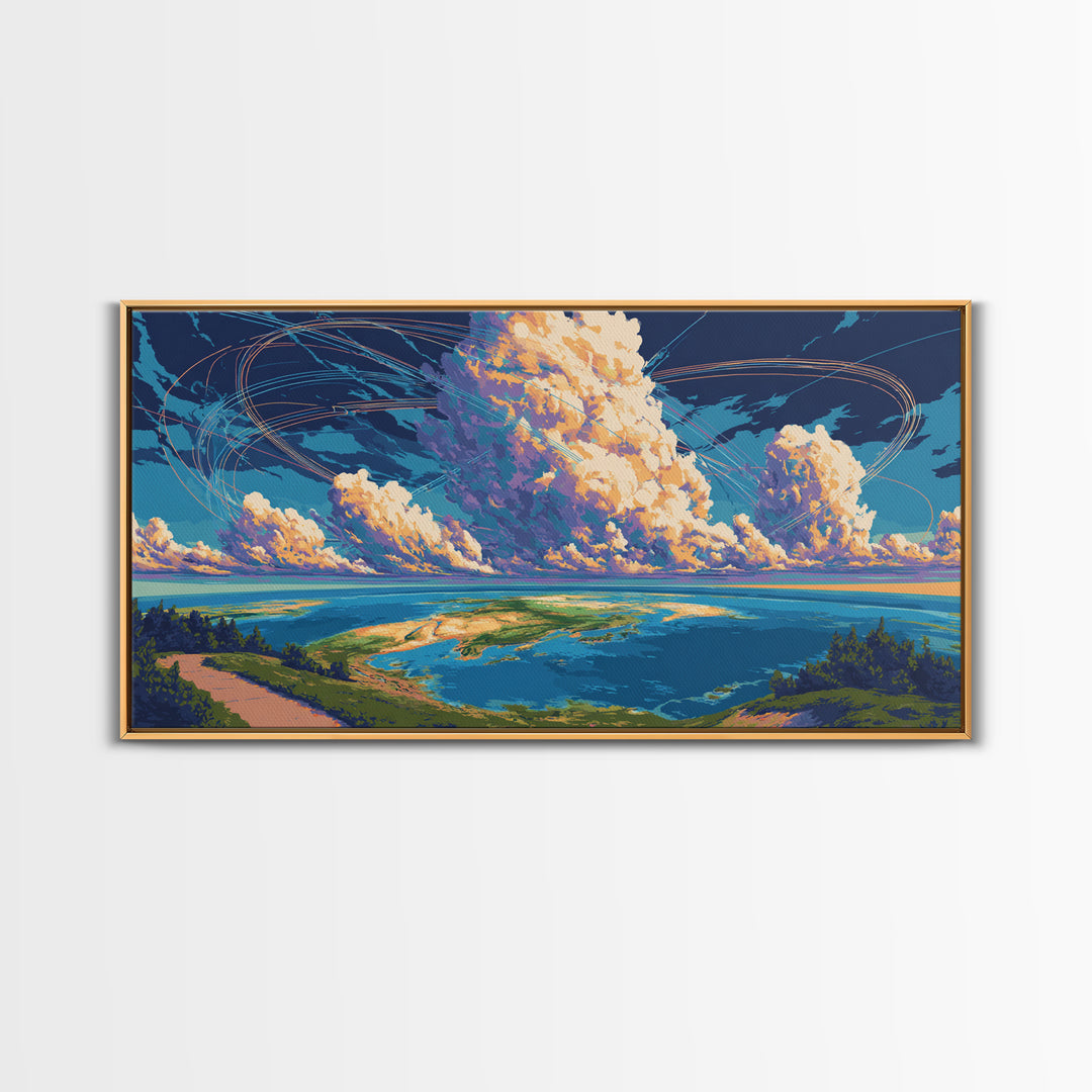 Cloudy Coastal Lagoon Wall Art, Modern Landscape Canvas Print, Blue Tropical Travel Poster, Scenic Lake House Decor Gift