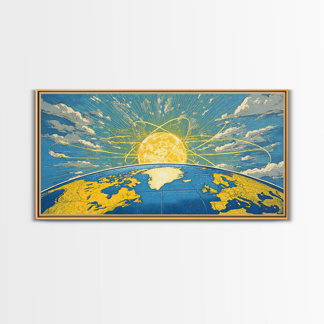 Atomic Earth Sunrise Wall Art, Blue Yellow Retro Science Poster, Mid Century Modern Space Decor, Celestial Canvas Print Gift